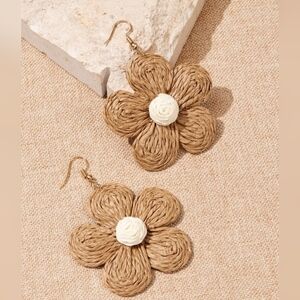 Boho Woven Flower Earrings Large Statement Rattan Straw Dangle Drop Summer Beach
